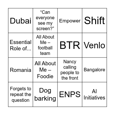 TFP Company Meeting Bingo! Bingo Card