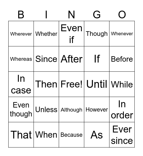 Subordinate Conjunction bingo Card
