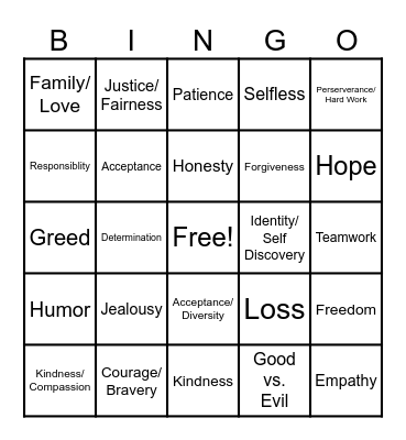 Theme in Literature BINGO Card