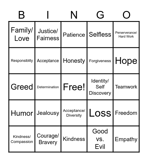Theme in Literature BINGO Card