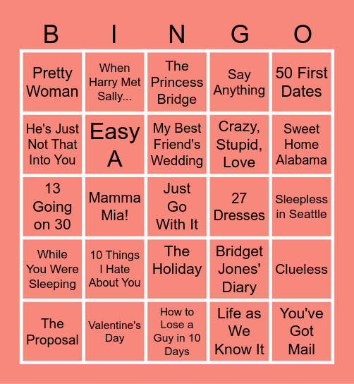 RomComs Bingo Card