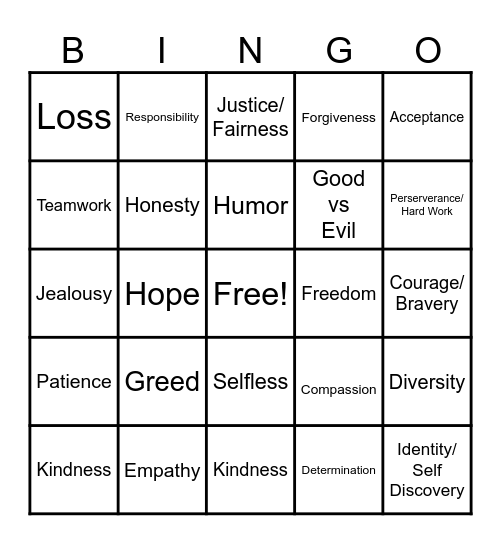 Theme In Literature BINGO Card