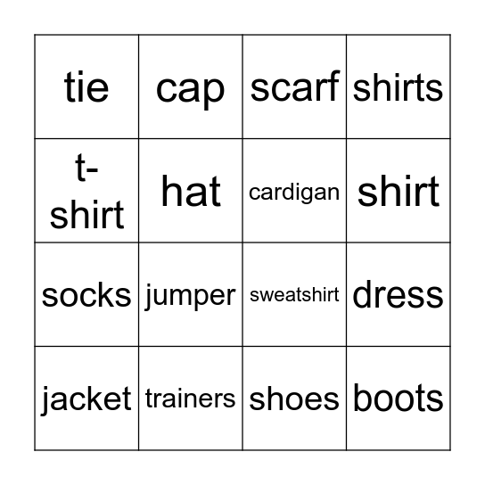 Clothes Bingo Card