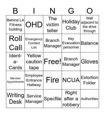 Robbery / Evactuation Bingo Card