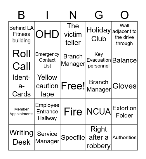 Robbery / Evactuation Bingo Card