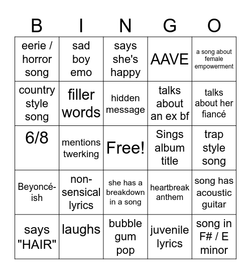 Taylor's Album Bingo Card
