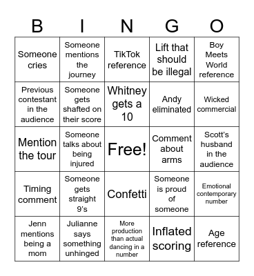 DWTS Bingo Card