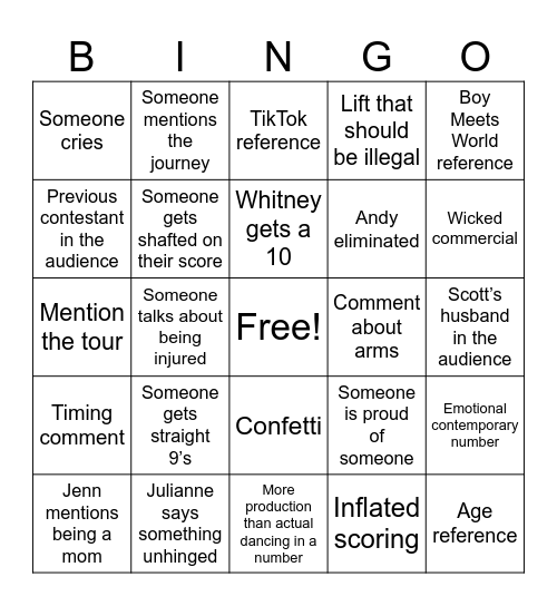 DWTS Bingo Card