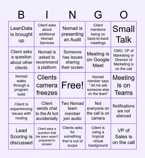 Call Shadowing Bingo Card