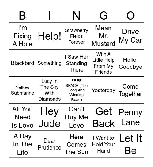 Yesterday Bingo Card