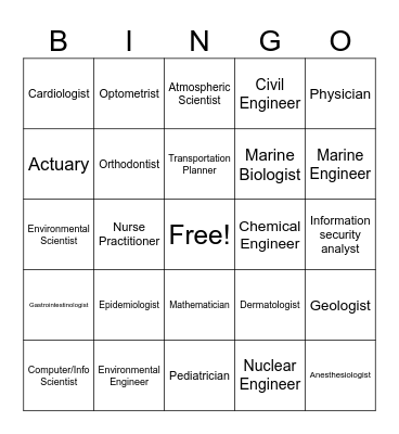 STEM Career Bingo Card