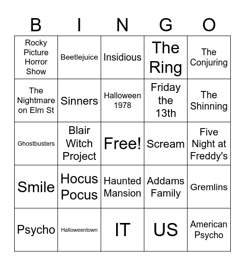 Halloween Movies Part I Bingo Card
