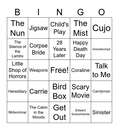 Halloween Movies Part II Bingo Card