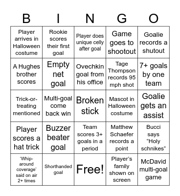 NHL Frozen Frenzy Bingo Card