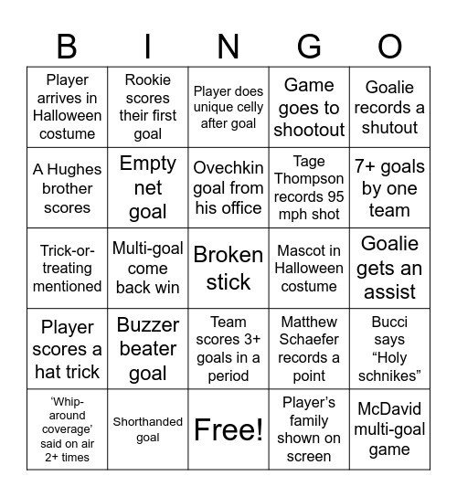 NHL Frozen Frenzy Bingo Card