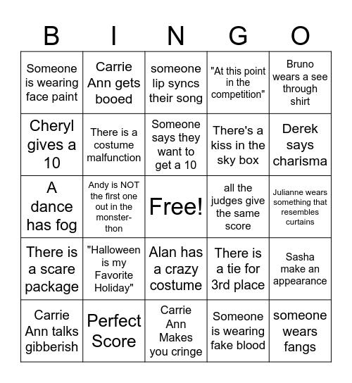 Dancing With the Stars Halloween Bingo Card