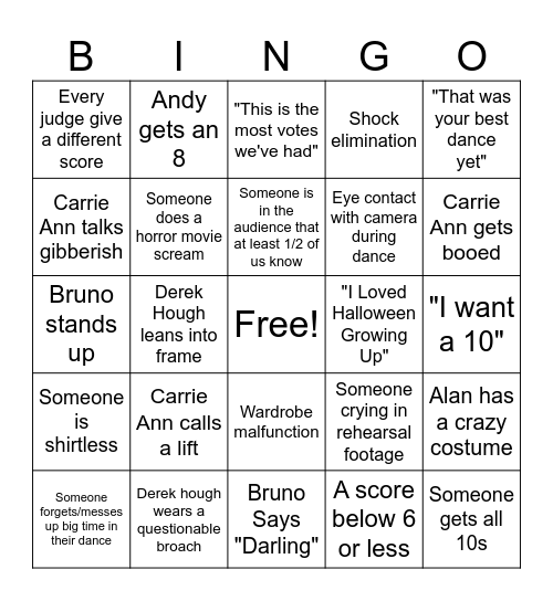 DWTS Halloween Night Bingo Card