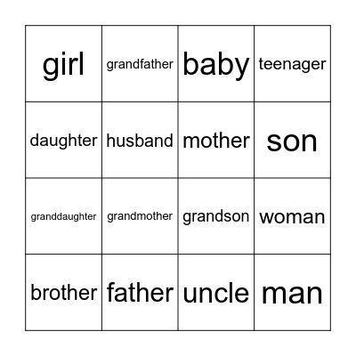 FAMILY Vocabulary Bingo Card