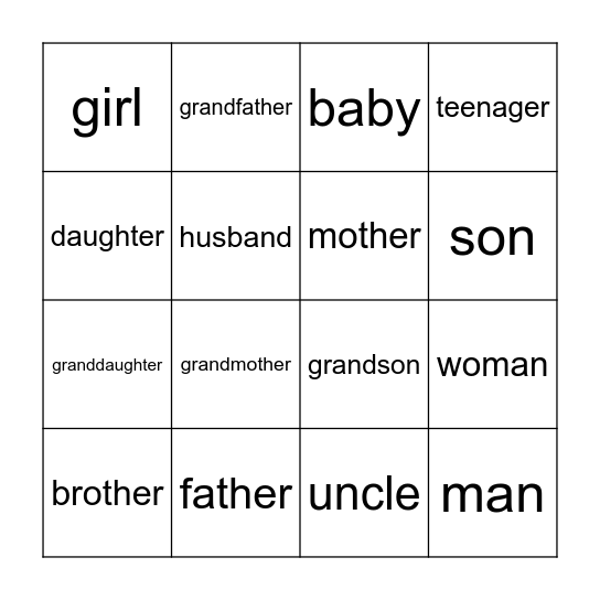 FAMILY Vocabulary Bingo Card