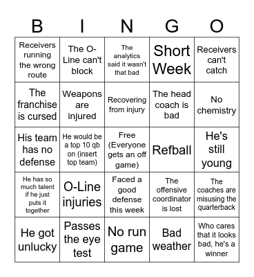 QB Excuses Bingo Card