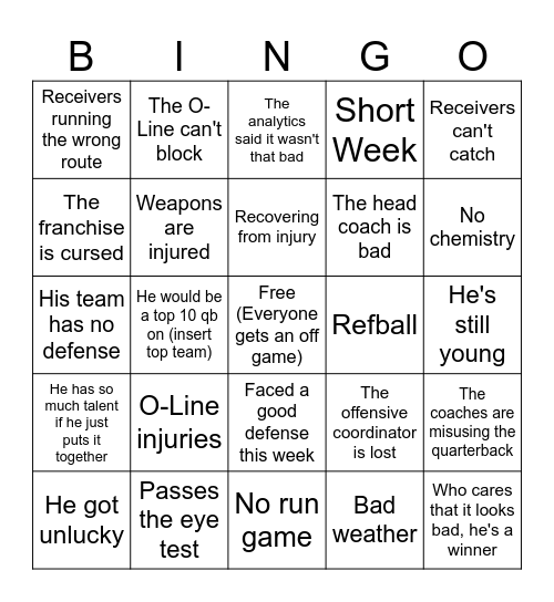 QB Excuses Bingo Card