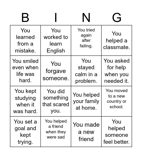 Resilience Bingo Card