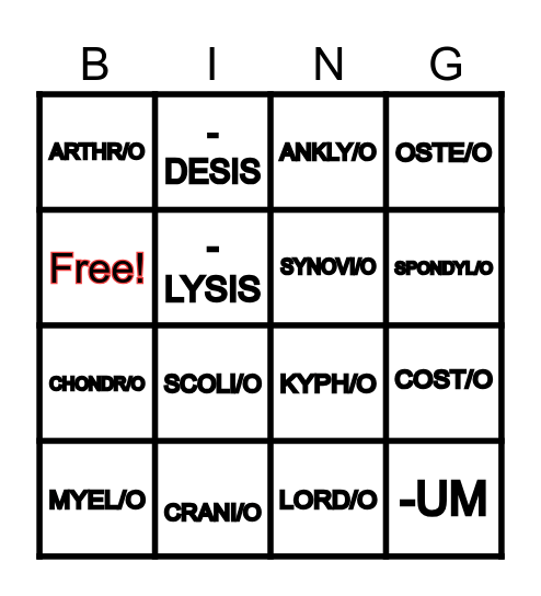 THE SKELETAL SYSTEM WORD PARTS Bingo Card