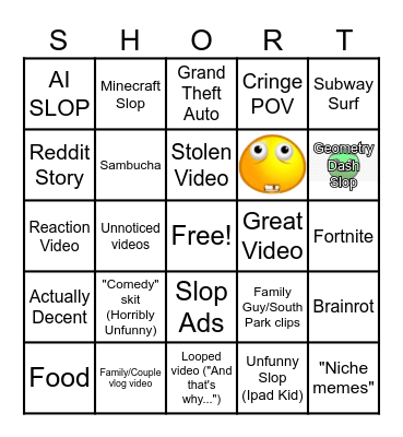 Youtube Shorts Bingo Card