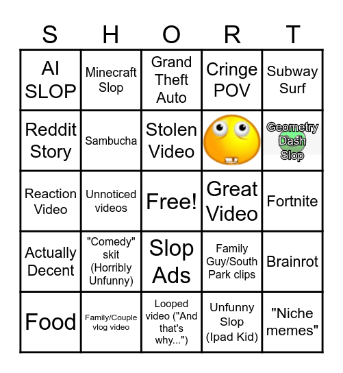 Youtube Shorts Bingo Card