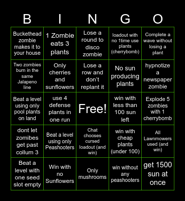 Plants Vs. Zombies Bingo Card