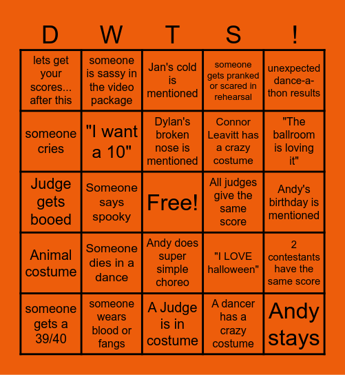 DWTS Halloween Bingo Card