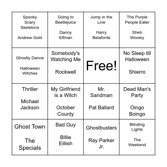 Halloween Music Bingo! Bingo Card