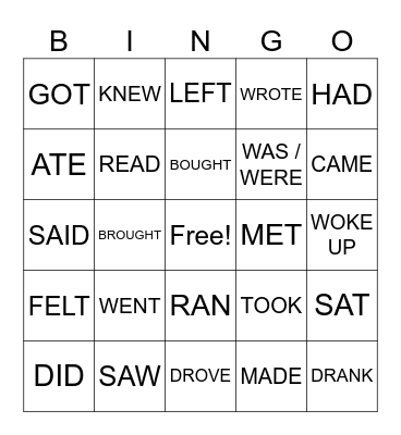 BINGO VERBS - SIMPLE PAST IRREGULAR Bingo Card