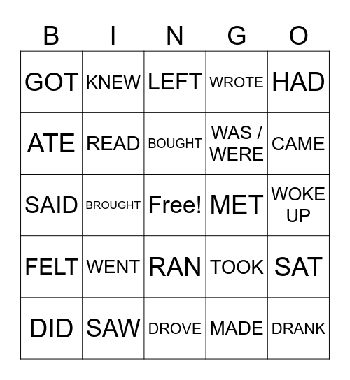 BINGO VERBS - SIMPLE PAST IRREGULAR Bingo Card