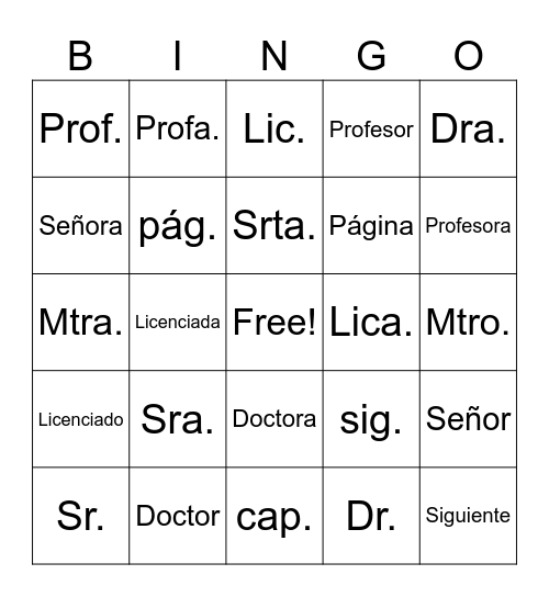 Abreviaturas Comunes Bingo Card