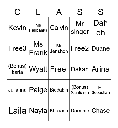 Classmate name Bingo Card