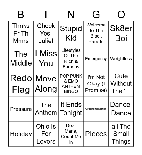 Pop Punk & Emo Anthem Bingo Card