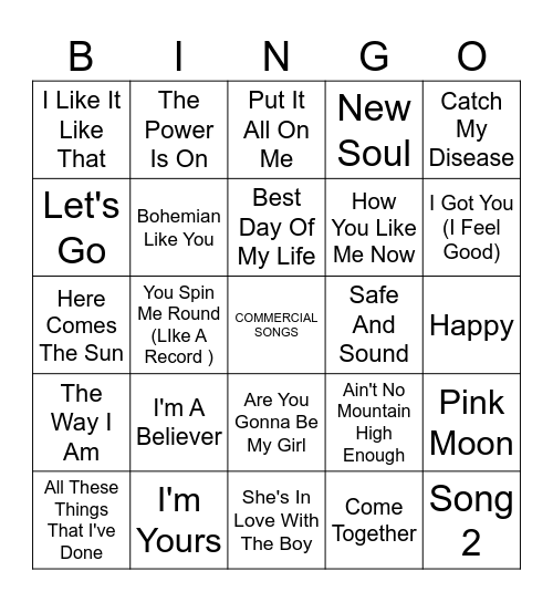 Songs In Commericals Bingo Card