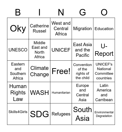 UNICEF bingo Card