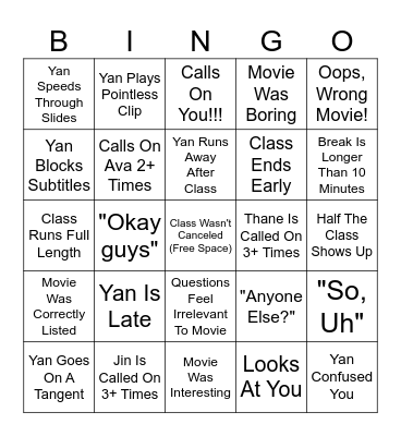 CHINESE CINEMA BINGO Card