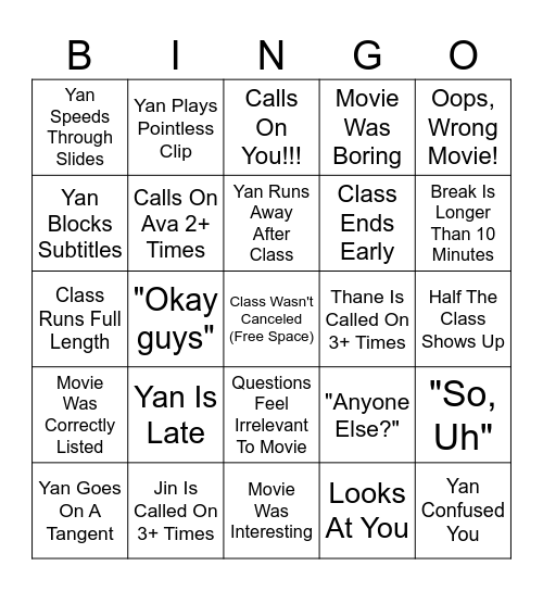 CHINESE CINEMA BINGO Card