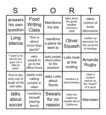 Sports Writing Bingo Card