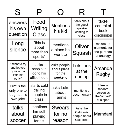 Sports Writing Bingo Card