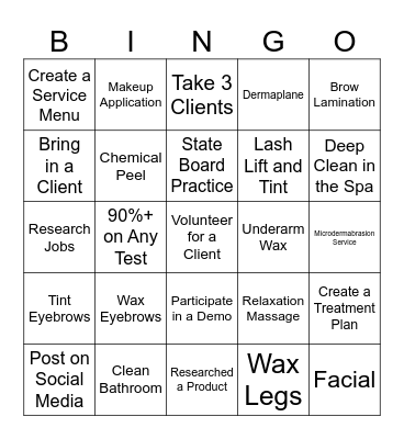 Senior Esthetician Bingo Card