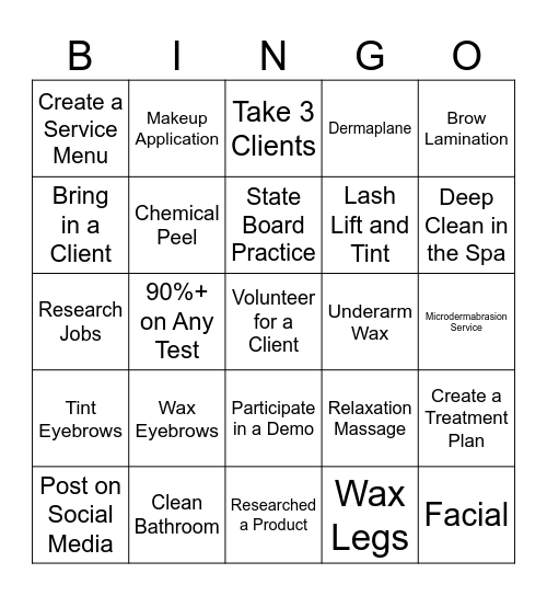 Senior Esthetician Bingo Card