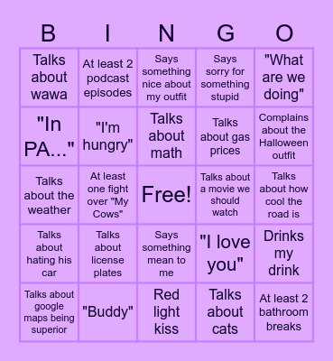 Road Trip with Jo Bingo Card