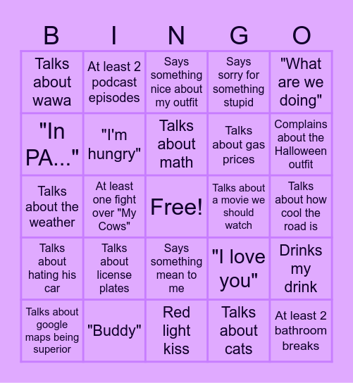 Road Trip with Jo Bingo Card