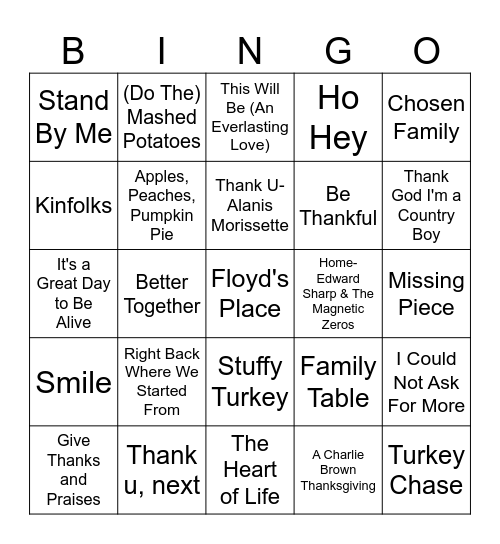 THANKSGIVING SONGS Bingo Card