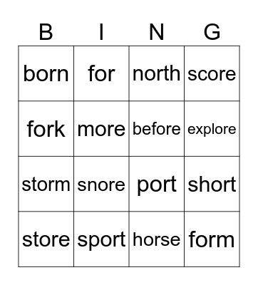 or  / ore     /or/ Bingo Card