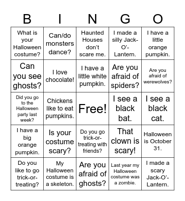 ASL Halloween Phrases Bingo Card